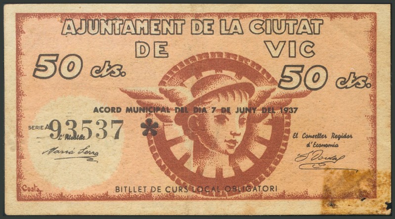 VIC (BARCELONA). 50 Céntimos. 7 de Junio de 1937. Serie A. (González: 10629). BC...