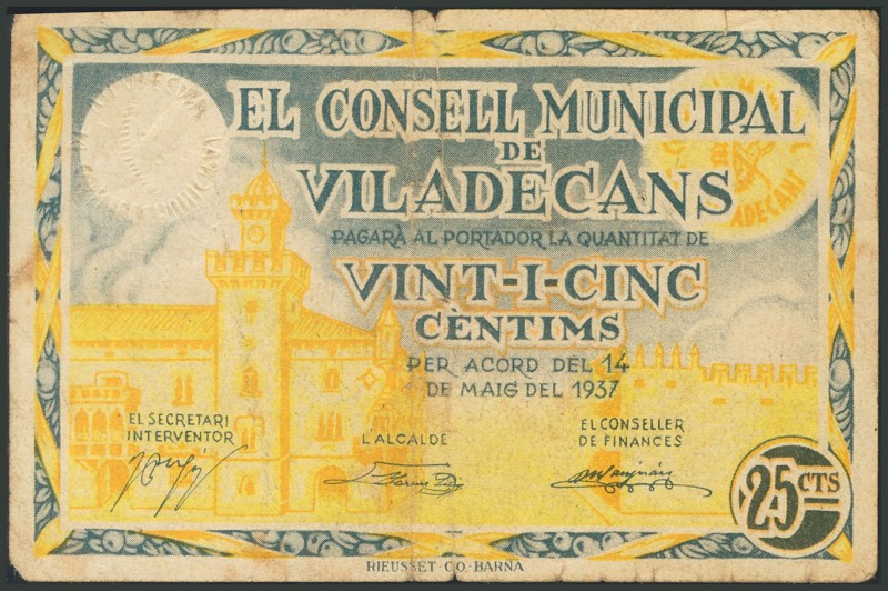 VILADECANS (BARCELONA). 25 Céntimos. 14 de Mayo de 1937. Serie C. (González: 106...