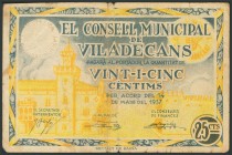 VILADECANS (BARCELONA). 25 Céntimos. 14 de Mayo de 1937. Serie C. (González: 10686). BC.