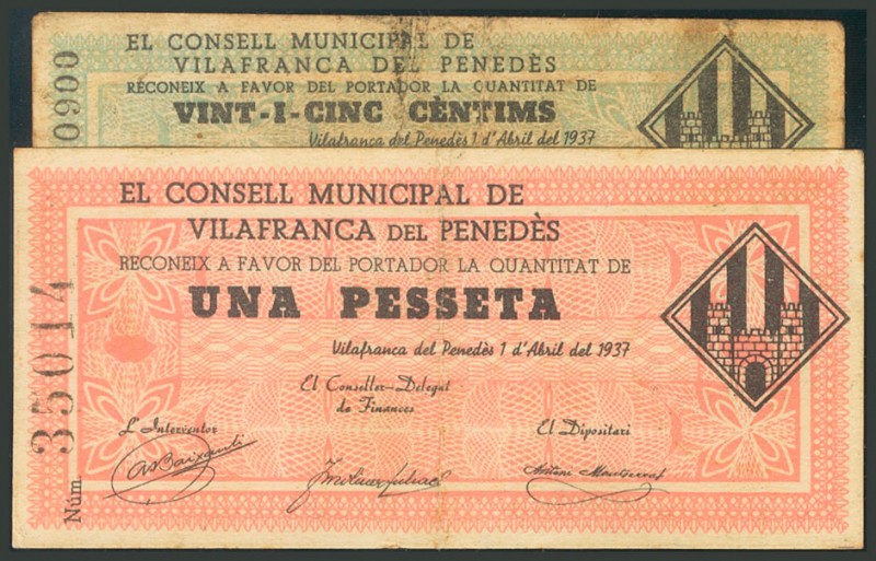 VILAFRANCA DEL PENEDES (BARCELONA). 25 Céntimos y 1 Peseta. 1 de Abril de 1937. ...