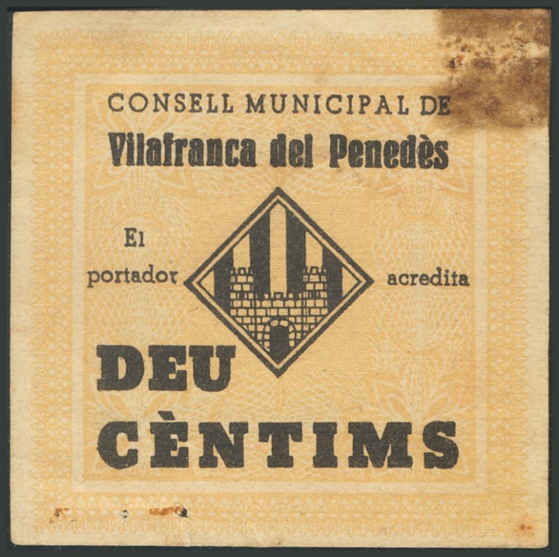 VILAFRANCA DEL PENEDES (BARCELONA). 10 Céntimos. (1938ca). (González: 10710). BC...