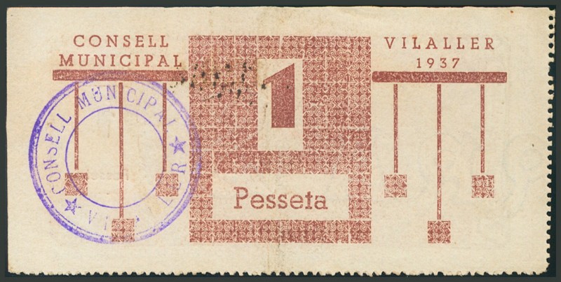 VILALLER (LERIDA). 1 Peseta. 1937. (González: 10752). EBC.