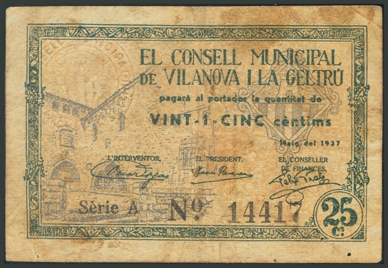VILANOVA I LA GELTRU (BARCELONA). 25 Céntimos. Mayo 1937. Serie A. (González: 10...