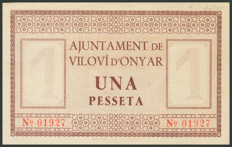 VILOVI D´ONYAR (GERONA). 1 Peseta. 1 de Junio de 1937. (González: 10904). EBC+....