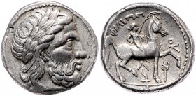 Mazedonien Königreich
Phillipp II. 359 - 336 v. Chr. Tetradrachme o. J. 14,05g. L. 158-91var. stgl