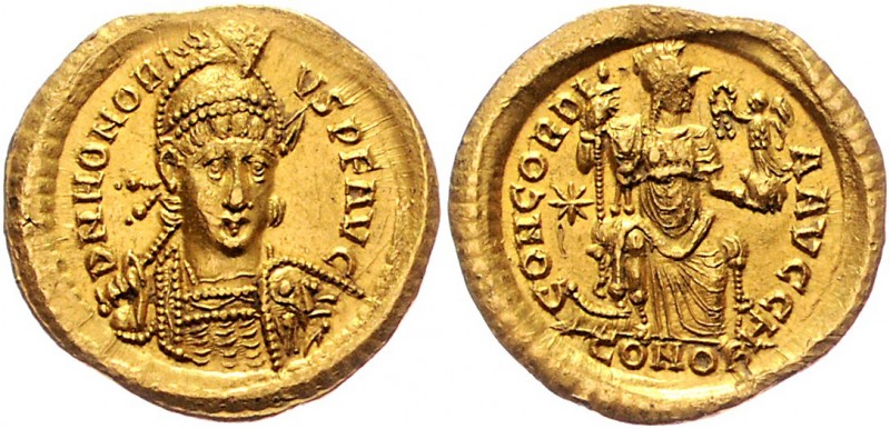 Byzanz Königreich
Honorius 393 - 423 Gold Solidus o. J. Konstantinopel. 4,46g. ...