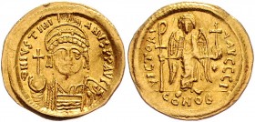 Byzanz Königreich
Justinian I. 527 - 565 Gold Solidus o. J. Konstantinopel. 4,36g. Sear 140 vz