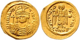 Byzanz Königreich
Mauricius Tiberius 585 - 602 Gold Solidus o. J. Konstantinopel. 4,38g. Doc. 5, SB-478 vz