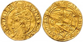 Deutschland Schlesien
Kaspar von Logau 1562 - 1574 Dukat 1567 Neisse. 3,39g, stark gewellt. F. & S. 2547 ss