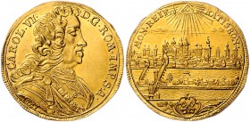Deutschland Karl VI. 1711-1740
 Dukat 1737 mit Titel Karls VI., MON • REIP . - RATISBON • Stadtansicht von Norden mit Brücken und Flußlandschaft, dar...