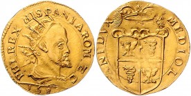 Italien Mailand
Philipp II. 1556 - 1598 Doppia 1588 Mailand. 6,63g, min. Sschrötlingsfehler. MIR 301/6. Friedb. 716. vz