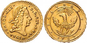 Italien Sizilien
Karl III. von Österreich 1720 - 1734 1 Oncia d´oro 1734 Palermo. 4,44g. Friedb. 885, Varesi 514/2. vz/stgl