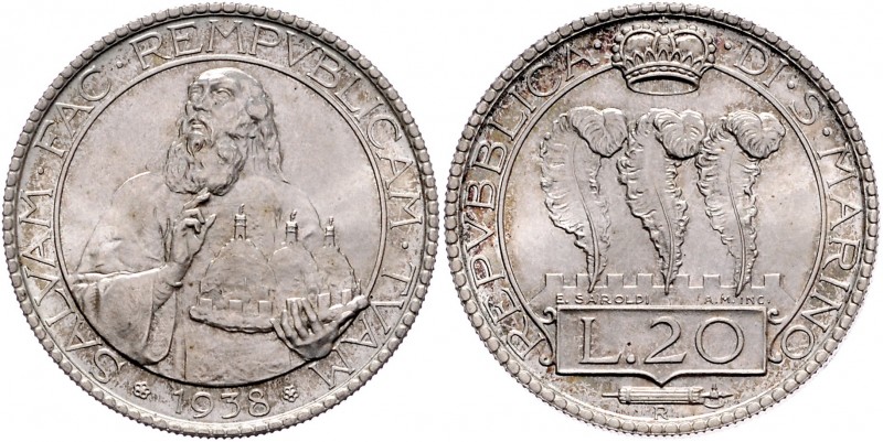 San Marino Republik
 20 Lire 1938 R Rom. 20,08g. KM 11a stgl