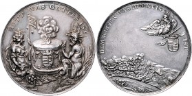 Leopold I. 1657 - 1705
 Silbermedaille 1686 auf die Einnahme von Ofen (Buda). Die Personifikationen von Ungarn und der Donau sitzen an einem brennend...