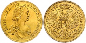 Maria Theresia 1740 - 1780
 Dukat 1750 Prag. 3,49g, Randfehler. Her. 179, Eyp. 69/4. Jahrgang Slg. Kokolus .-- f.vz/vz