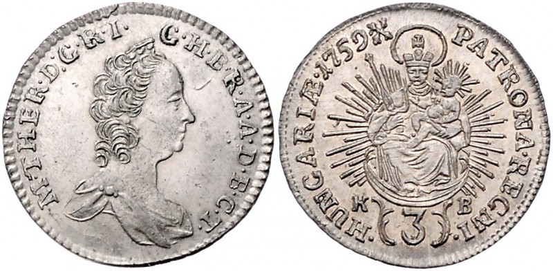 Maria Theresia 1740 - 1780
 3 Kreuzer 1759 KB Kremnitz. 1,70g. Her. 1408, Eyp. ...