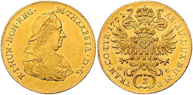 Maria Theresia 1740 - 1780
 2 Dukaten 1771 HG Karlsburg. 7,00g. Her. 68, Eyp. 3...