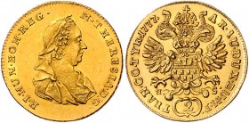 Maria Theresia 1740 - 1780
 2 Dukaten 1777 HS Karlsburg. 7,00g. Her. 75, Eyp. 382a/11 vz/stgl
