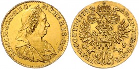 Maria Theresia 1740 - 1780
 Dukat 1779 HS Karlsburg. 3,48g, Prüfstellen im Rand. Her. 232, Eyp. 385a/11 vz/stgl