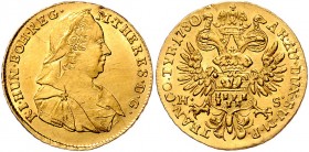 Maria Theresia 1740 - 1780
 Dukat 1780 HS Karlsburg. 3,49g, min. Kratzer im Revers. Her. 233, Eyp. 385a/12 vz/stgl