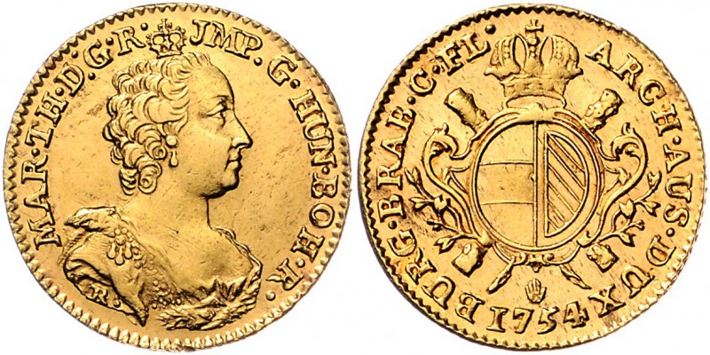 Maria Theresia 1740 - 1780
 Souverain d´or 1754 R Antwerpen. 5,57g. Her. 362, E...