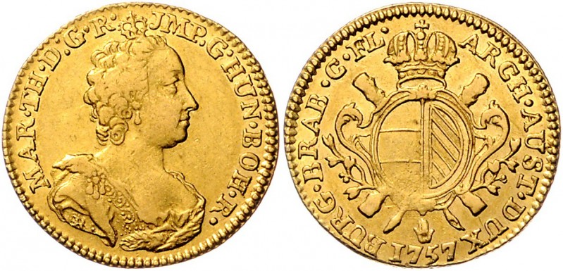 Maria Theresia 1740 - 1780
 Souverain d´or 1757 R Antwerpen. 5,51g. Her. 365, E...
