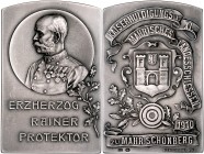 Franz Joseph I. 1848 - 1916
 Ag - Schützenmedaille 1910 auf das XI. Mährisches Landesschießen zu Mährisch Schönberg, Mattierte, klippenförmige Silber...