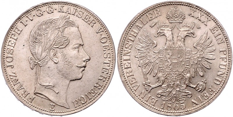 Franz Joseph I. 1848 - 1916
 Vereinstaler 1865 E Karlsburg. 18,49g. Fr. 1424 f....