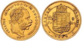 Franz Joseph I. 1848 - 1916
 8 Forint 1877 KB Kremnitz. 6,44g. Fr. 1724 vz