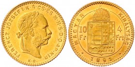 Franz Joseph I. 1848 - 1916
 4 Forint 1891 KB Kremnitz. 3,22g. Fr. 1766 vz/stgl