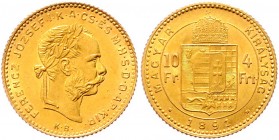 Franz Joseph I. 1848 - 1916
 4 Forint 1891 KB Kremnitz. 3,23g. Fr. 1766 f.stgl