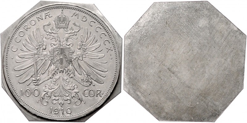 Franz Joseph I. 1848 - 1916
 Zinnprobe zum 100 Kronen 1910 Wien. 13,08g, achtec...