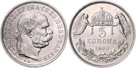 Franz Joseph I. 1848 - 1916
 5 Korona 1909 KB Restrike mit U.P. Kremnitz. 24,29g. Fr. 2110 stgl