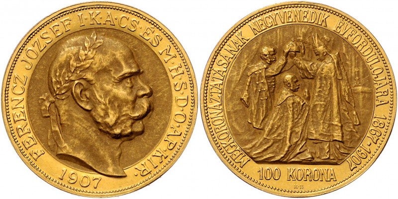 Franz Joseph I. 1848 - 1916
 100 Korona 1907 KB Kremnitz. 34,00g. Fr. 2193 vz/s...