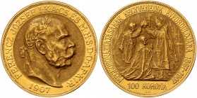Franz Joseph I. 1848 - 1916
 100 Korona 1907 KB Kremnitz. 34,00g. Fr. 2193 vz/stgl