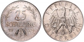 1. Republik 1918 - 1933 - 1938
 25 Schilling 1929 Probe in Silber. Wien. 3,86g. ANK 2016 Proben Seite 151 Nr. 3.I. (mit LP). ex Frühwald 2011/1618 Eu...