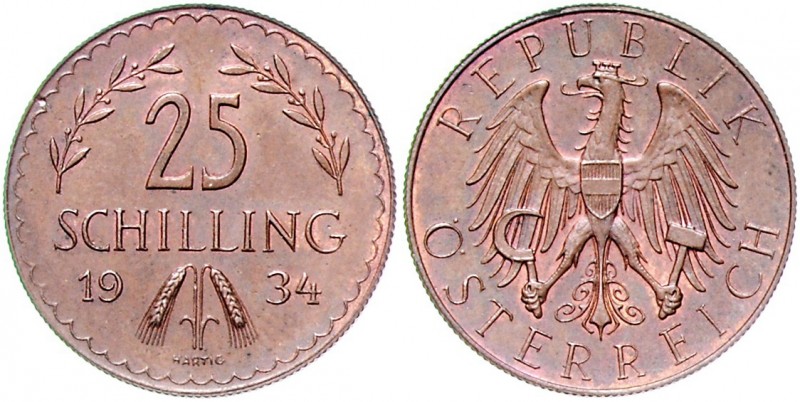 1. Republik 1918 - 1933 - 1938
 25 Schilling 1934 Probe in Kupfer. Wien. 3,29g....