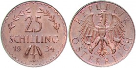 1. Republik 1918 - 1933 - 1938
 25 Schilling 1934 Probe in Kupfer. Wien. 3,29g. ANK --., Her.--. ex Frühwald 2011/1619 Euro 1450 ohne Aufgeld vz/stgl...