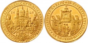 Salzburg - Erzbistum Paris Graf Lodron 1619 - 1653
 4 Dukaten 1628 auf die Domweihe. St. Rudbertus und St. Virgilius sitzen v. v. mit Krummstäben und...