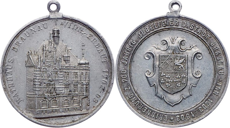 Franz Joseph I. 1848 - 1916
 Alumedaille 1903 mit Öse, 700 Jahre Stadt Braunau ...