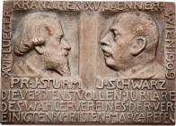 Franz Joseph I. 1848 - 1916
 Versilberte Plakette 1909 a.d. verdienstvollen Jubiliare J. Sturm + J. Schwarz. 77,10g. 65x47mm vz