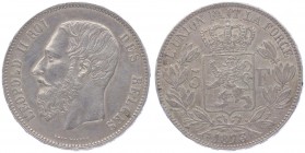 Belgien Leopold II. 1865 - 1909
 5 Francs 1873 Brüssel. 24,93g. KM 24 vz