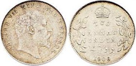 British Indien Edward VII. 1901 - 1910
 2 Annas 1906 Kalkutta. 1,46g. KM 505 vz