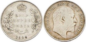 British Indien Edward VII. 1901 - 1910
 1/2 Rupee 1909 Kalkutta. 5,75g. KM 507 f.ss/ss