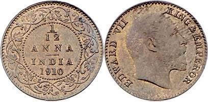 British Indien Edward VII. 1901 - 1910
 1/12 Anna 1910 Kalkutta. 1,75g. KM 498 ...