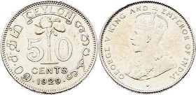 Ceylon Britische Kolonie 1796-1948
 50 Cents 1929 Heaton. 5,82g. KM 109a stgl