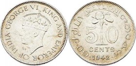 Ceylon Britische Kolonie 1796-1948
 50 Cents 1942 Heaton. 5,84g. KM 109a stgl