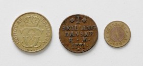 Dänemark
 Lot 3 Stück, 1 Skilling 1771, 1 Skilling 1856, 2 Kronen 1939. ss+