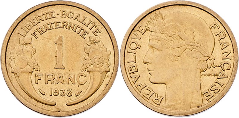 Frankreich Republik
 1 Francs 1938 Paris. 4,00g. KM 885 vz/stgl