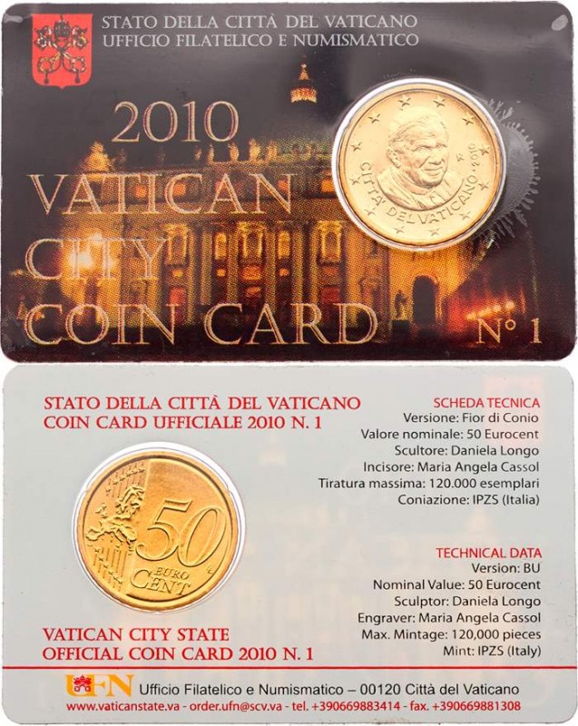 Vatikan Benedikt XVI.
 50 Cents 2010 in originaler City - Coincard Nr. 1, 86x54...